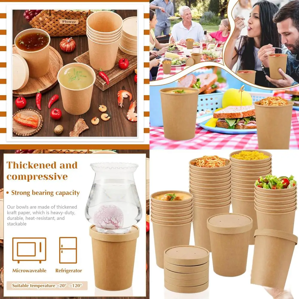 

Одноразовые бумажные контейнеры для супа объемом 32 унции с крышками, пригодные для использования в микроволновой печи и морозильной камере, идеально подходят для горячего супа, хранения продуктов, мороженого или десертов.