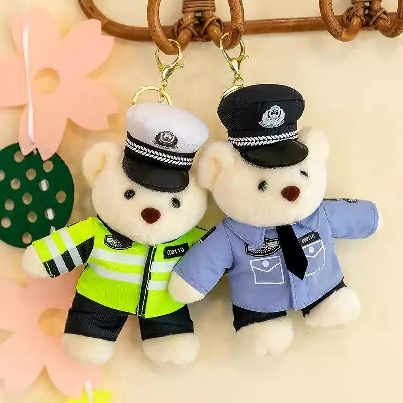 

Синий плюшевый брелок-подвеска в виде медведя-пожарного/полицейского для детей до года, мягкая игрушка-аксессуар для сумки