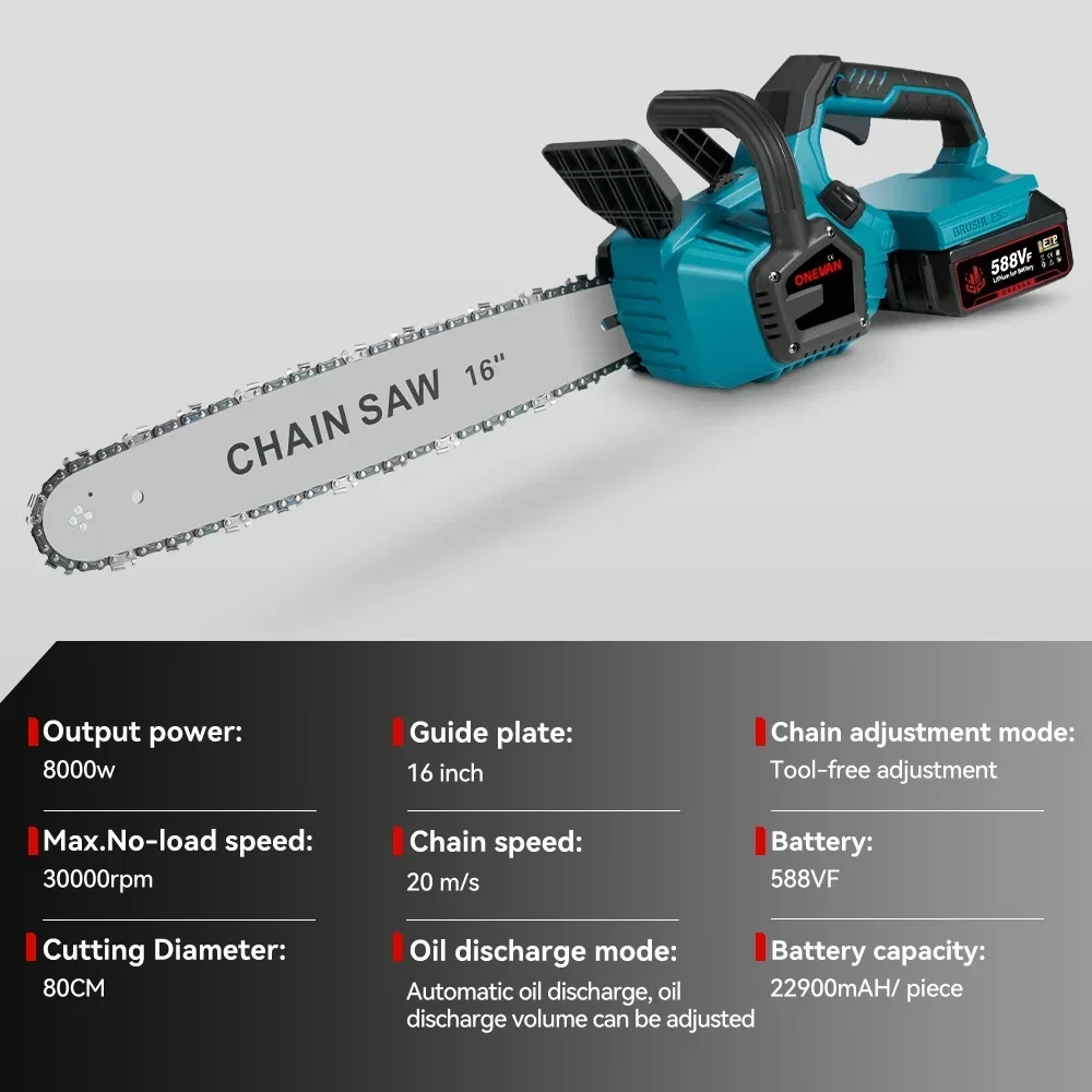 ONEVAN 16Inch 8000W Brushless Electric Saw LED Cordless Chain Saw Wood Cutting Garden Pruning Power Tools For Makita 18V Battery