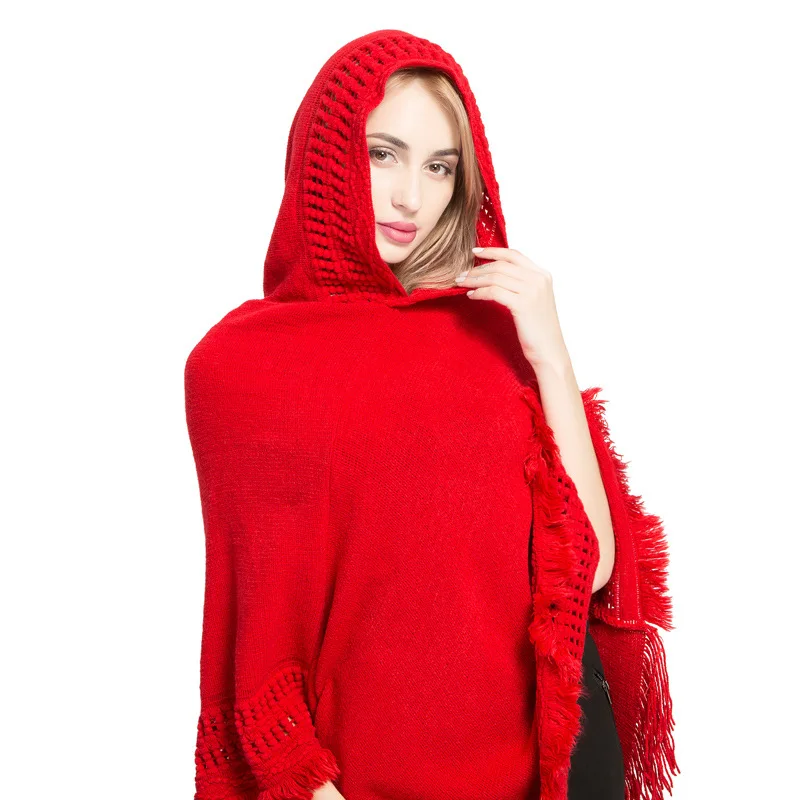 Bestseller Women's Hooded Cape Poncho Soft Acrylic Shawl Fringe Oversized Knitwear Autumn Winter