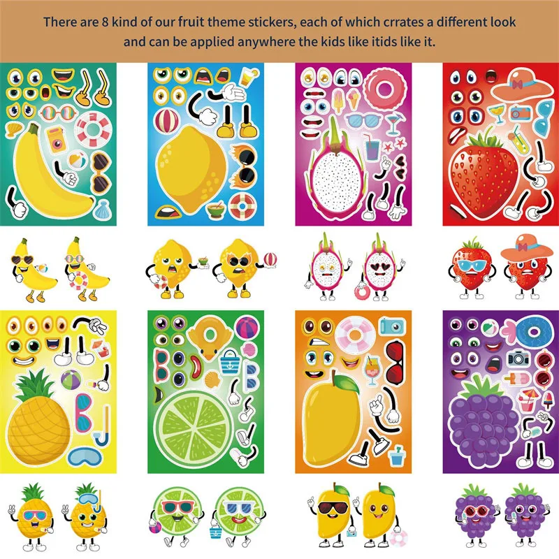 6-24sheet Make Your Own Fruit Stickers Cartoon Summer Hawaii Characters Sticker Make a Face DIY Dress Up Art Crafts for Kids Toy