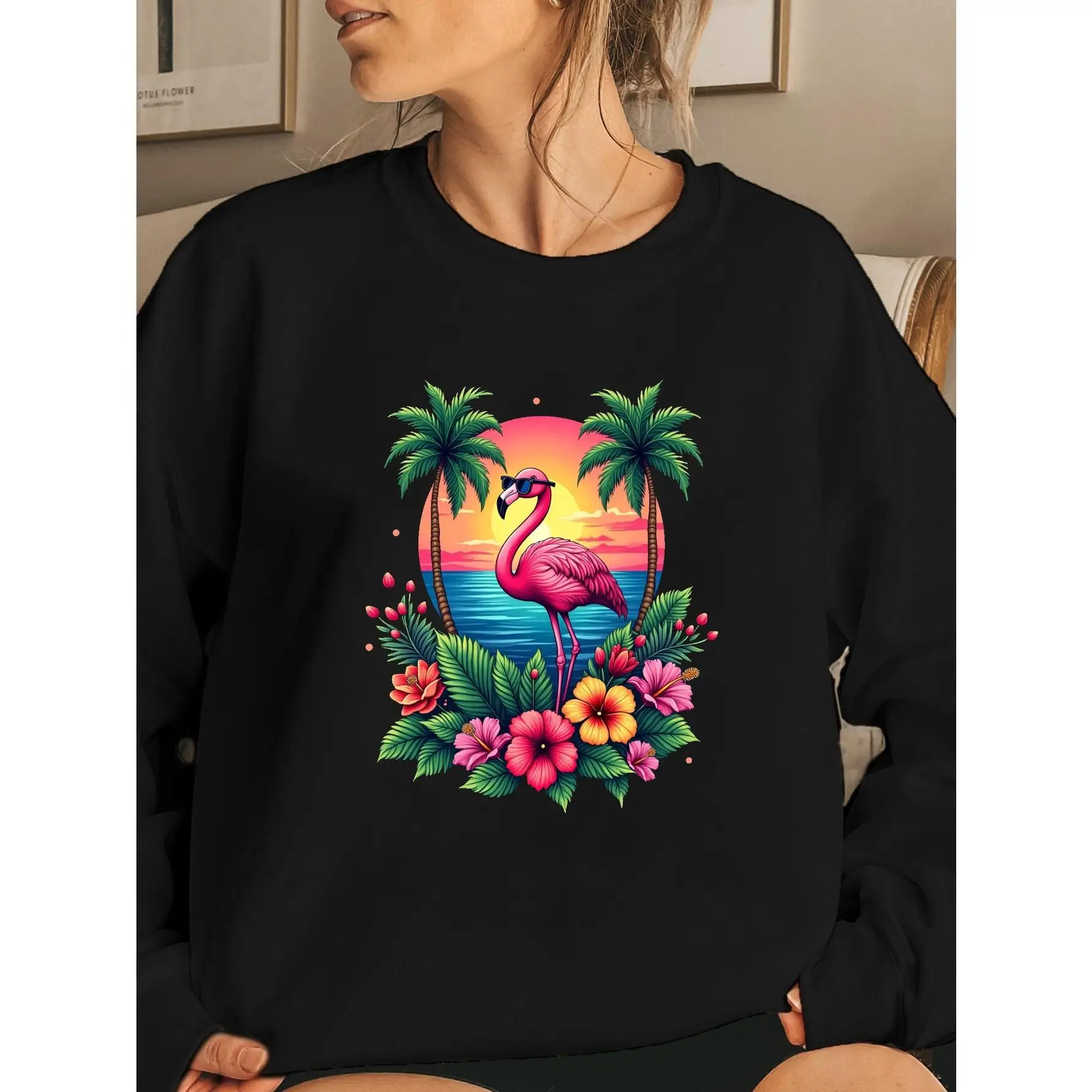Women's Tropical Flamingo Print Sweatshirt Beach Vacation Pullover Cute Summer Aesthetic Holiday Long Sleeve Top