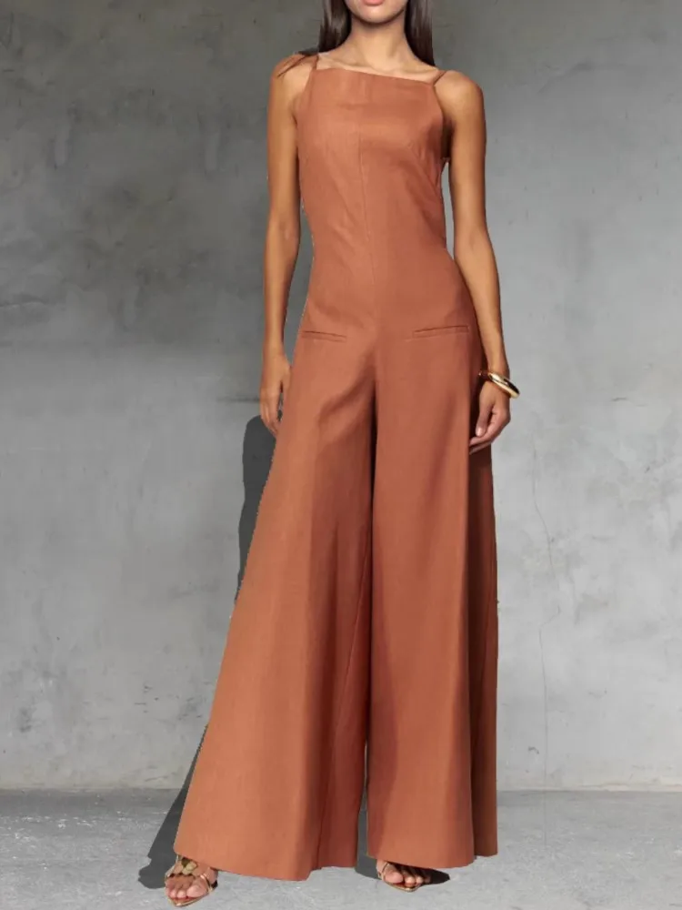 الربيع الحمالات أكمام حللا المرأة موضة عطلة فضفاضة مثير عارية الذراعين واسعة الساق السروال القصير بسيط بلون بلايسوت