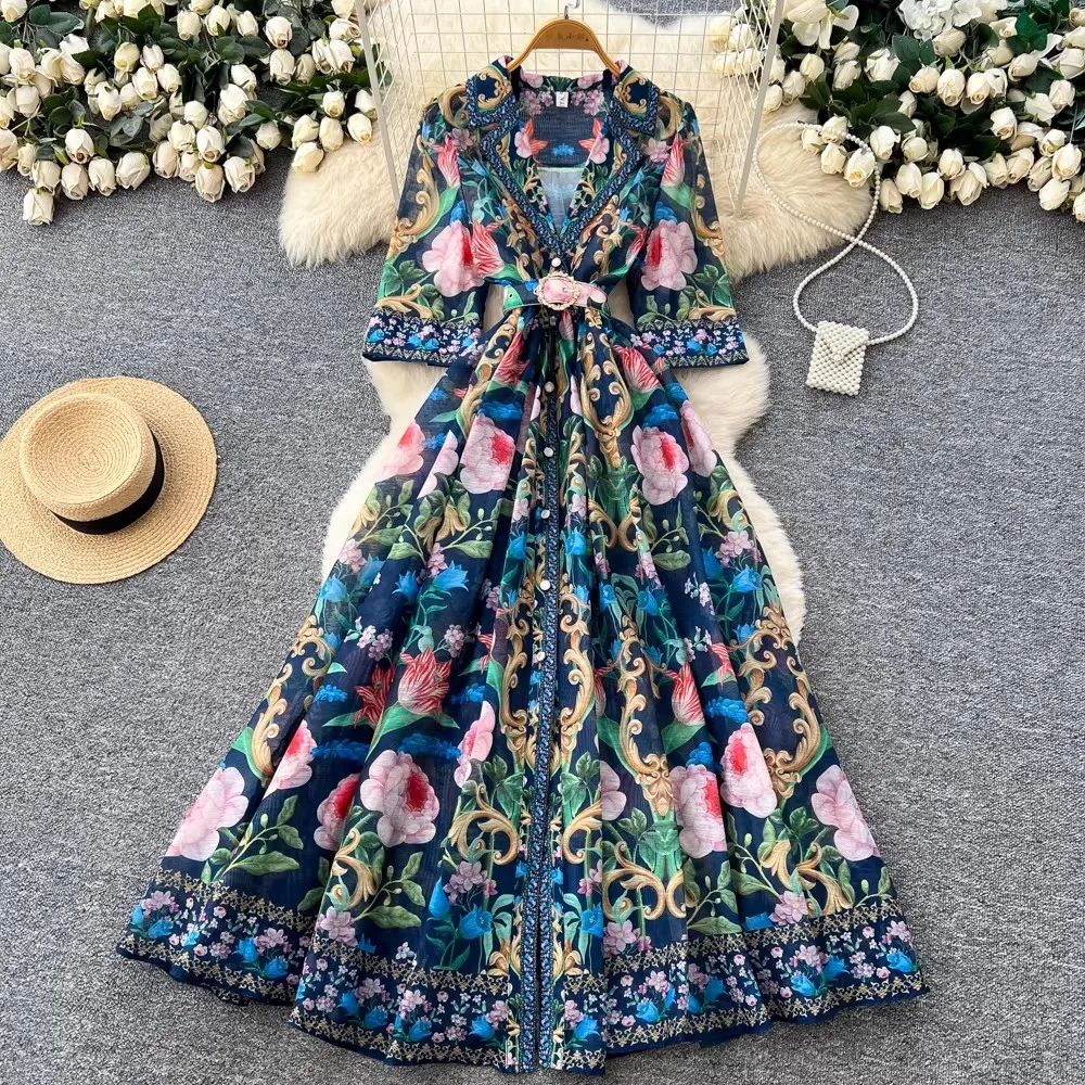 

Palace Floral Maxi Dress Women Summer Holiday Long Dresses Shirt 2026 Spring Short Sleeve Single Breasted Pearls Party Vestidos