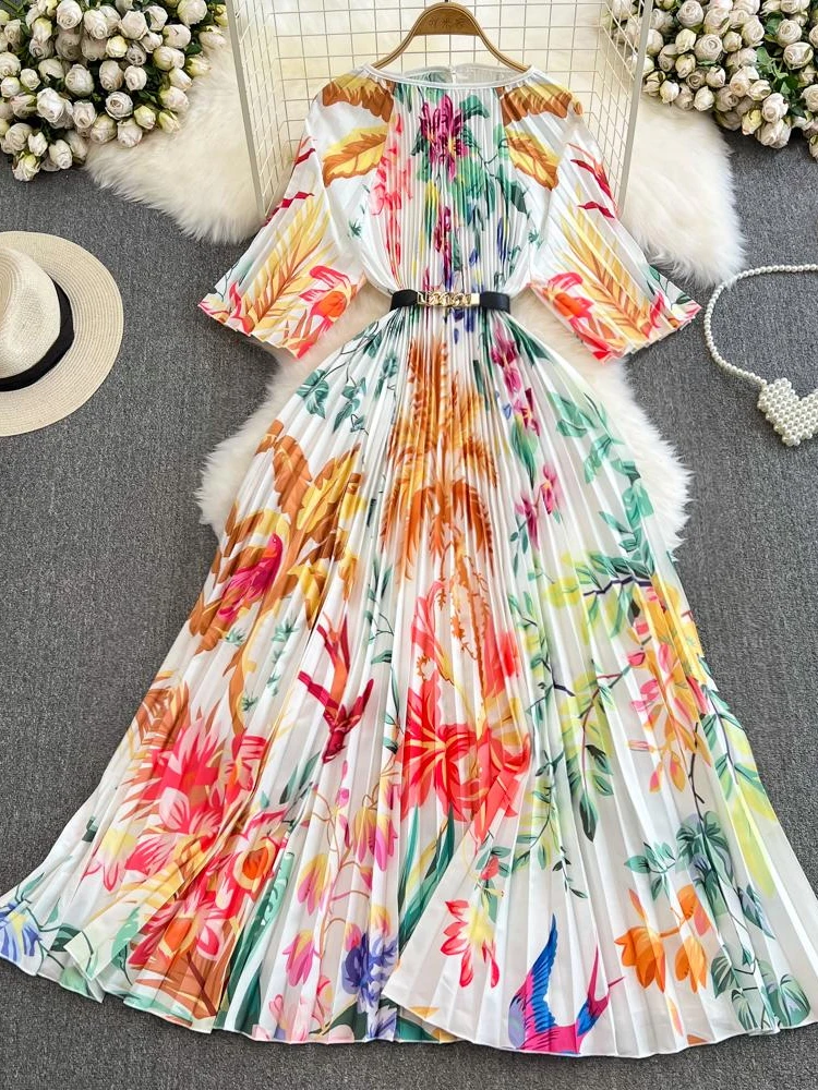 Women Flower Printed Elgant Long Dress Spring Summer Lantern Sleeve Pleated Party Dresses Ladies Vintage A-line Belt Long Robe