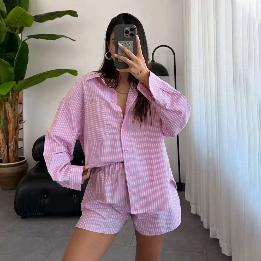 

Spring 2025 Casual Stripe Cotton Long Sleeve Shirt Loose Shorts Set Women's Fashion Comfortable Breathable Clothing Set