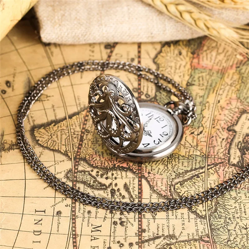 Antique Hollow Octopus Design Men Women Quartz Pocket Watch Arabic Number Clock Necklace Pendant Chain Timepiece Gift