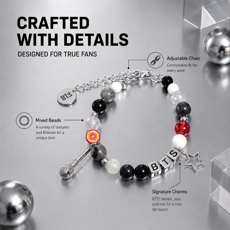 BT21 Black Red Beaded Bracelet, Fan Support Merch Fashion Bead Wristband Jewelry for Kpop Fans view 4