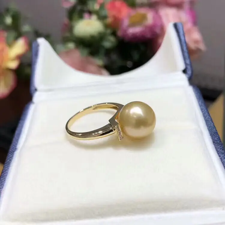 Gorgeous Real HUGE AAAA 11-10mm Round Natural South Sea Golden Pearl Ring