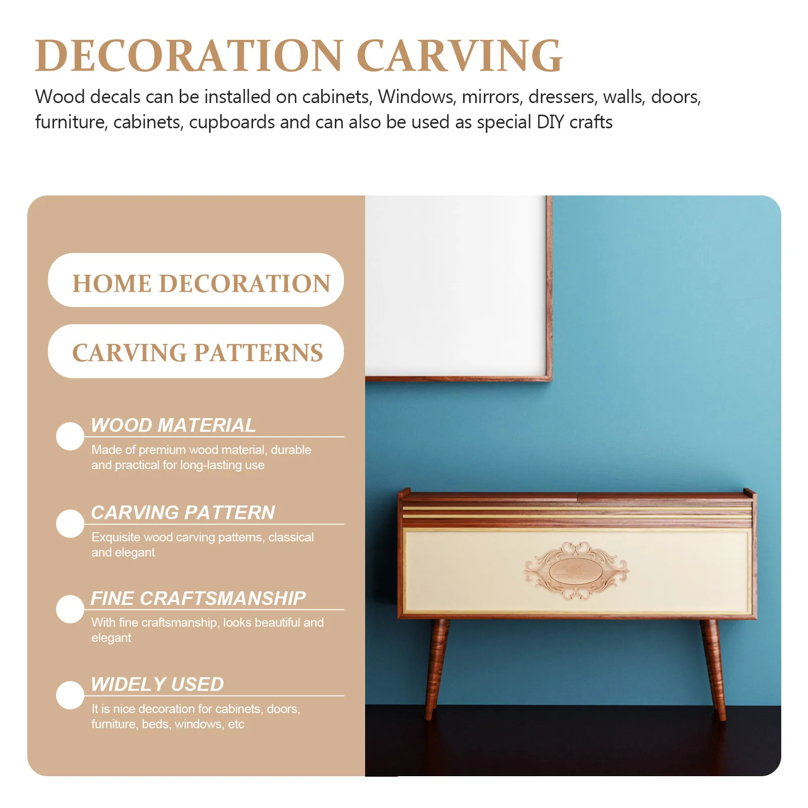 

2pcs Wood Applique Natural Wooden Inlay For Cabinet Decor Furniture Cabinet Door Diy Craft Home Party Decoration