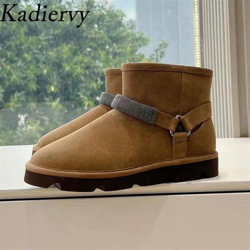 

Зимние ботинки, женские замшевые кожаные короткие ботинки на плоской подошве, с круглым носком, без застежки, шерстяная теплая обувь, женские ботильоны с бусинами на шнурках для женщин