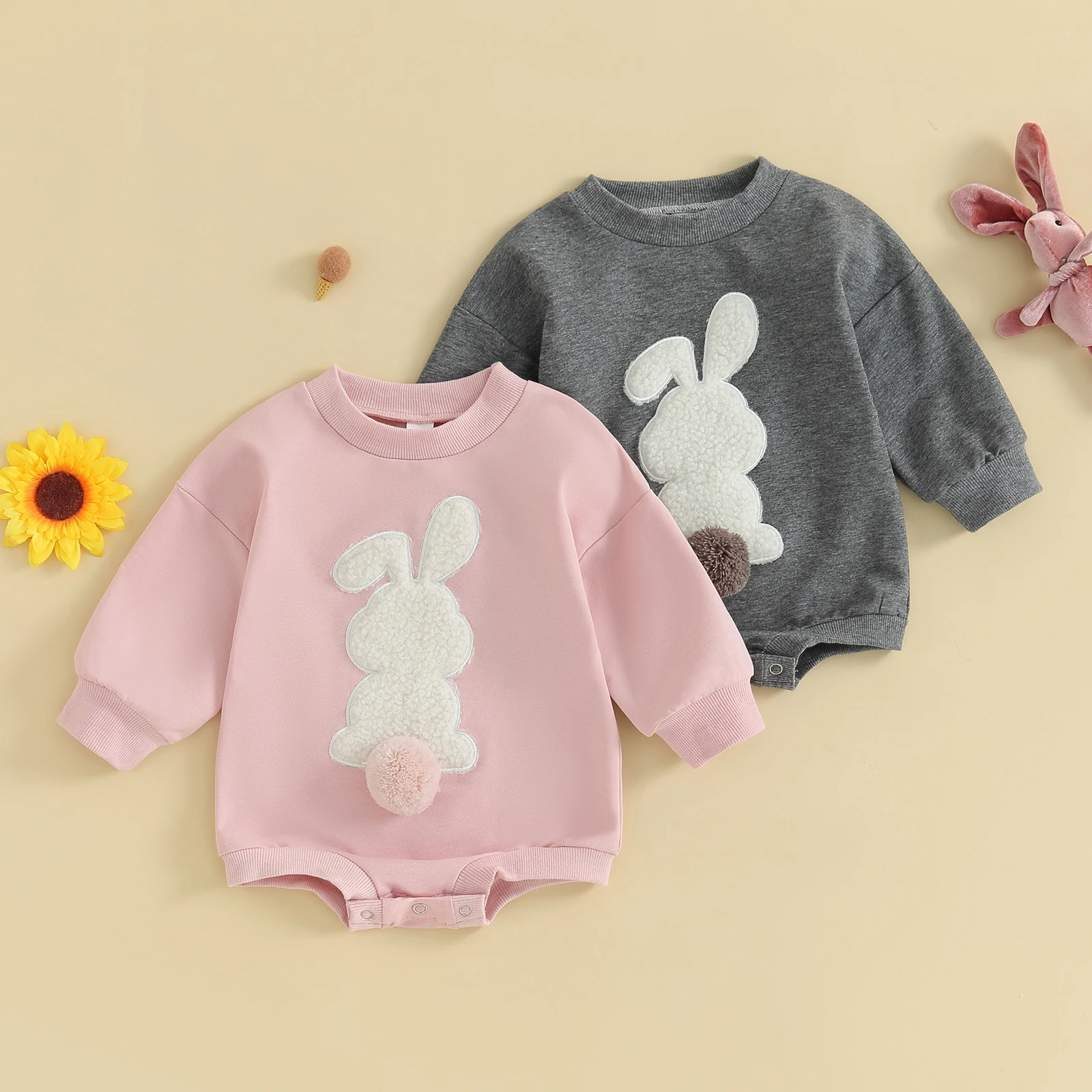 Infant Baby Easter Outfits Long Sleeve Sweatshirt Jumpsuit Fuzzy Bunny Embroidery Round Neck Romper Cute Baby Bodysuits Costume