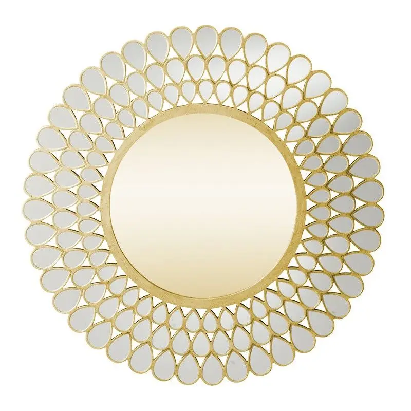 Bohemian Sunburst Round Wall Mirror, Peacock Feather Style Gold Frame Accent Mirror for Sofa Background Wall Decor