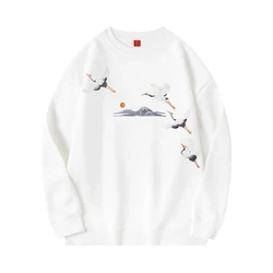 Crewneck Sweatshirt Vintage Embroidered Hoodies Men Women Chinese Crane Hoodies Pullover Cotton Casual Streetwear Couple Clothes