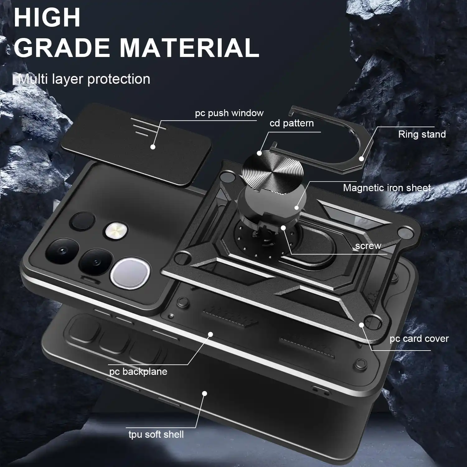 Funda para vivo Y29 4G Slide Camera Protect Stand Funda de teléfono para Y29s 5G Y28
