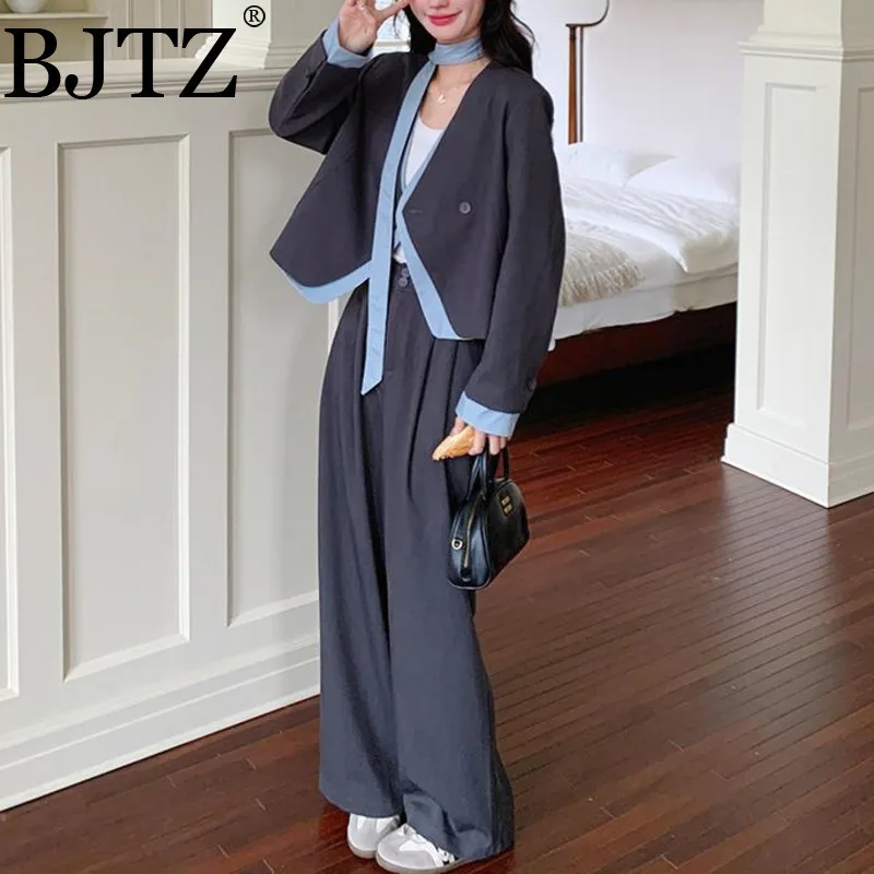 

BJTZ Temperament Blazer Set For Women 2025 Spring Autumn New Contrast Color Top+wide Leg High Waist Pants Female 2 Piece Sets
