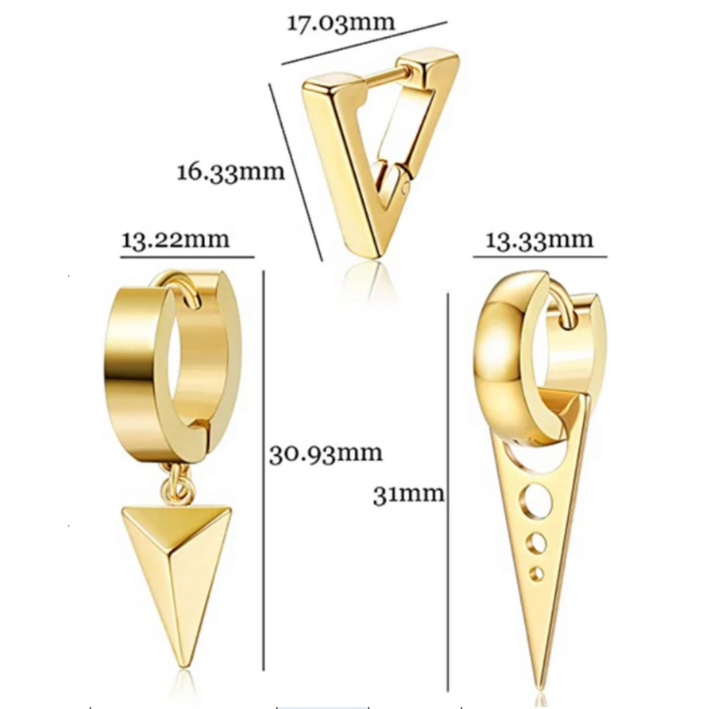 3 Pairs of Fashionable Triangle Pendants Hip-hop Stainless Steel For Daily Wear, Men\'s Hoop Earrings