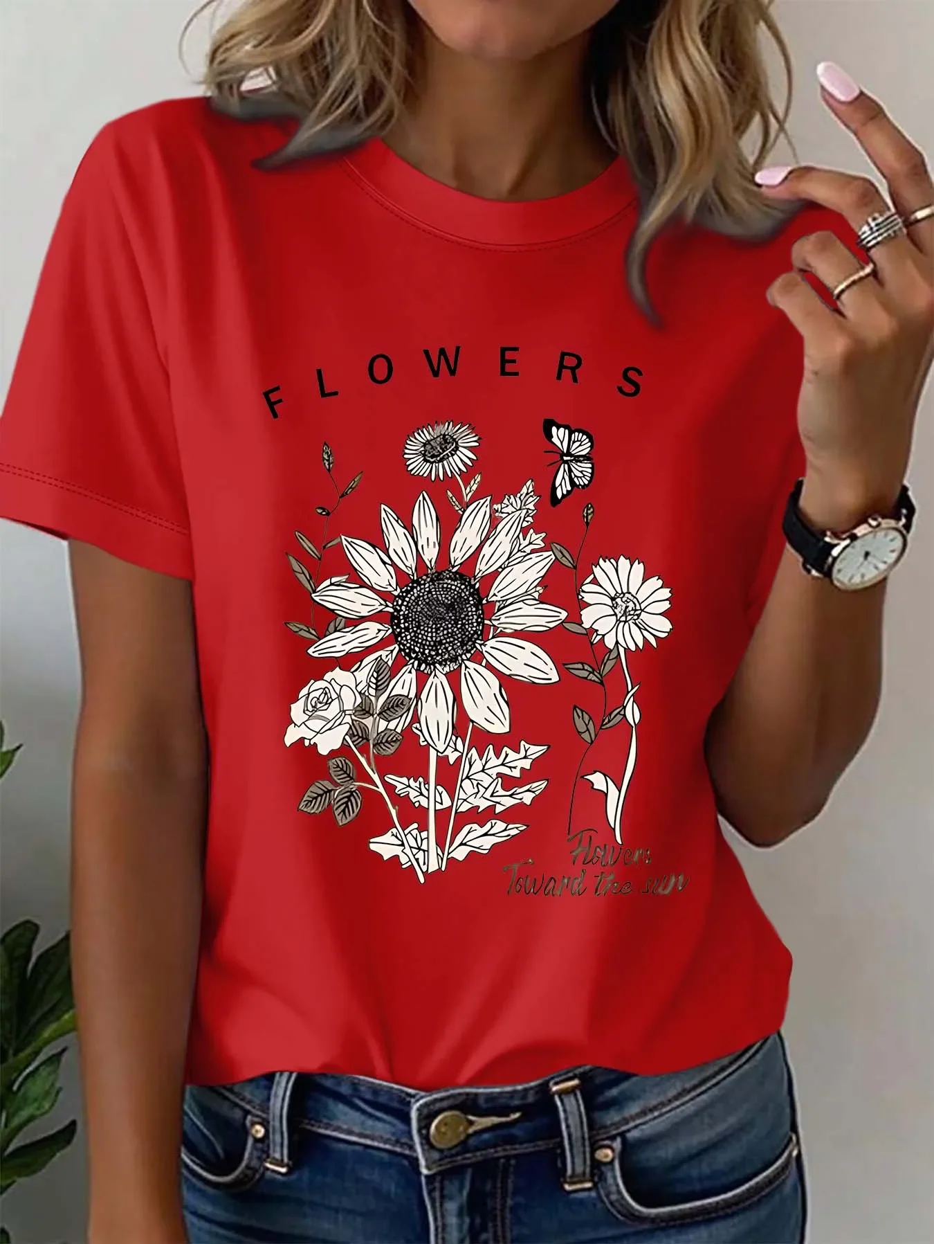 Casual Hand-painted Sunflowers, Floral-themed T-shirt, Cropped in Six Colors - Unique Print on Sleeves Women Clothing Graphic