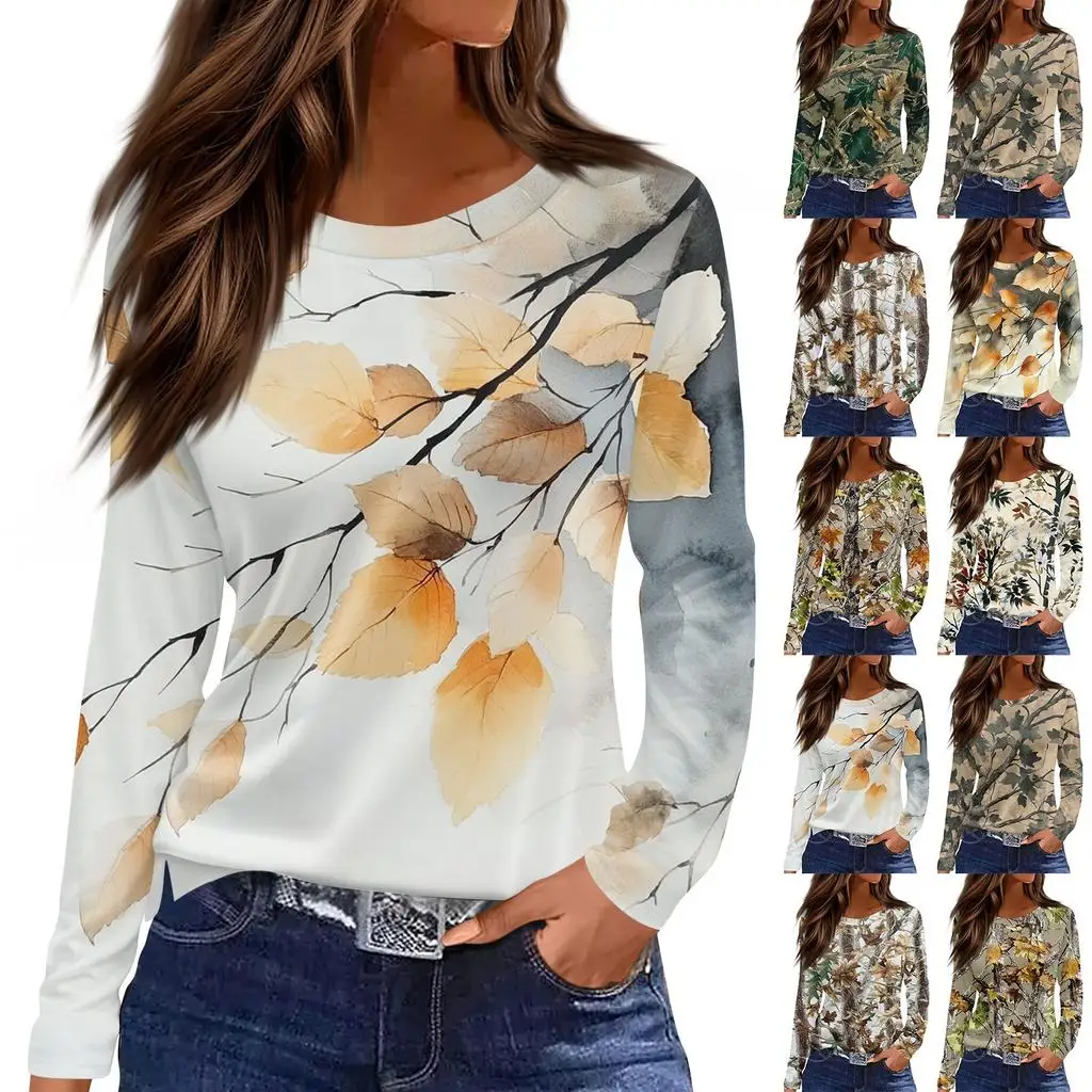 

Women's basic long-sleeved T-shirt, round neck, autumn maple leaf print, plain top, everyday pullover, party versatile T-shirt