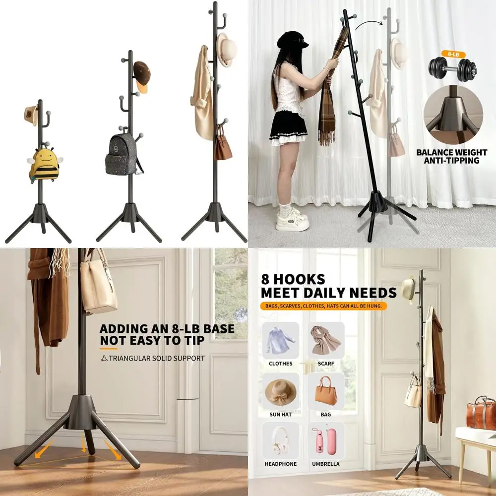 

8-Hook Freestanding Coat Rack with 8LB Weighted Base, Adjustable Height Metal Stand, Space-Saving Organizer for Home and Office