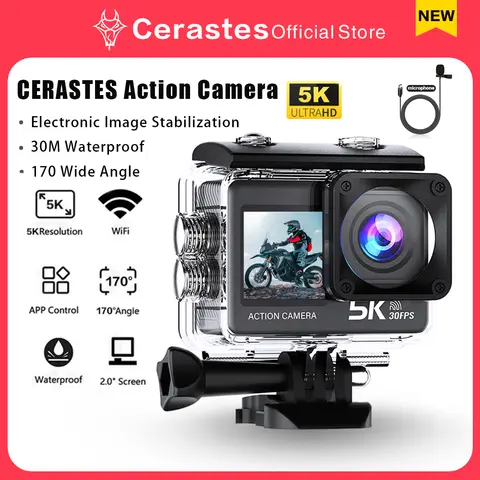 CERASTES 액션 카메라 5K 4K 60FPS WiFi 손떨림 방지 듀얼 스크린 170 ° 원격 제어 기능이 있는 광각 30m 방수 스포츠 카메라