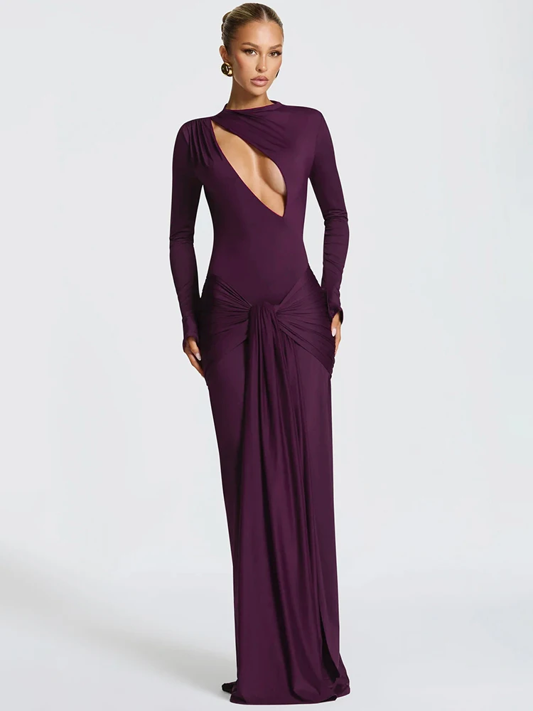 

Mozision Hollow Out Long Sleeve Sexy Maxi Dress Women Gown Elegant O Neck Draped Ruched Bodycon Club Party Long Dress Fashion