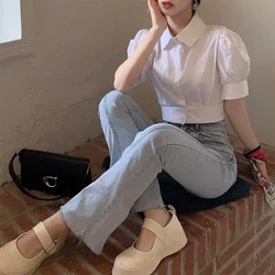 Womens Shirt & Blouse Collar Sexy Button Up Clothes Crop Tops for Women White Elegant Chic Tunic 2025 New Collection Youthful S