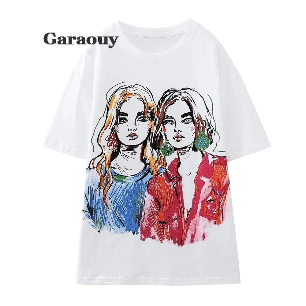 Garaouy 2024 New Spring Summer Women\'s Round Neck Short Sleeve White Loose T-Shirt Graphic Print Decorative Tees