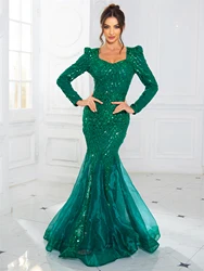 Navy Green Sparkle Sequined V Neck Evening Gown Prom Elegant Organza A Line Fishtail Maxi Dress