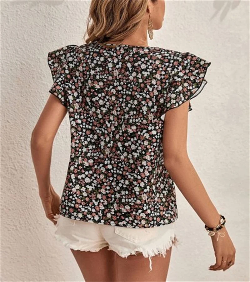 Cross-border European and n style commuting loose casual lotus leaf sleeve round-necked floral t-shirt for ladies