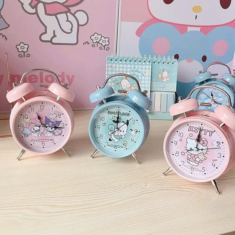 4 Inch Sanrios Anime Figure HelloKittys Cartoon Alarm Clock Kuromi Melody Desktop Bell Student Wake Up Clock Bedroom Silent Gift