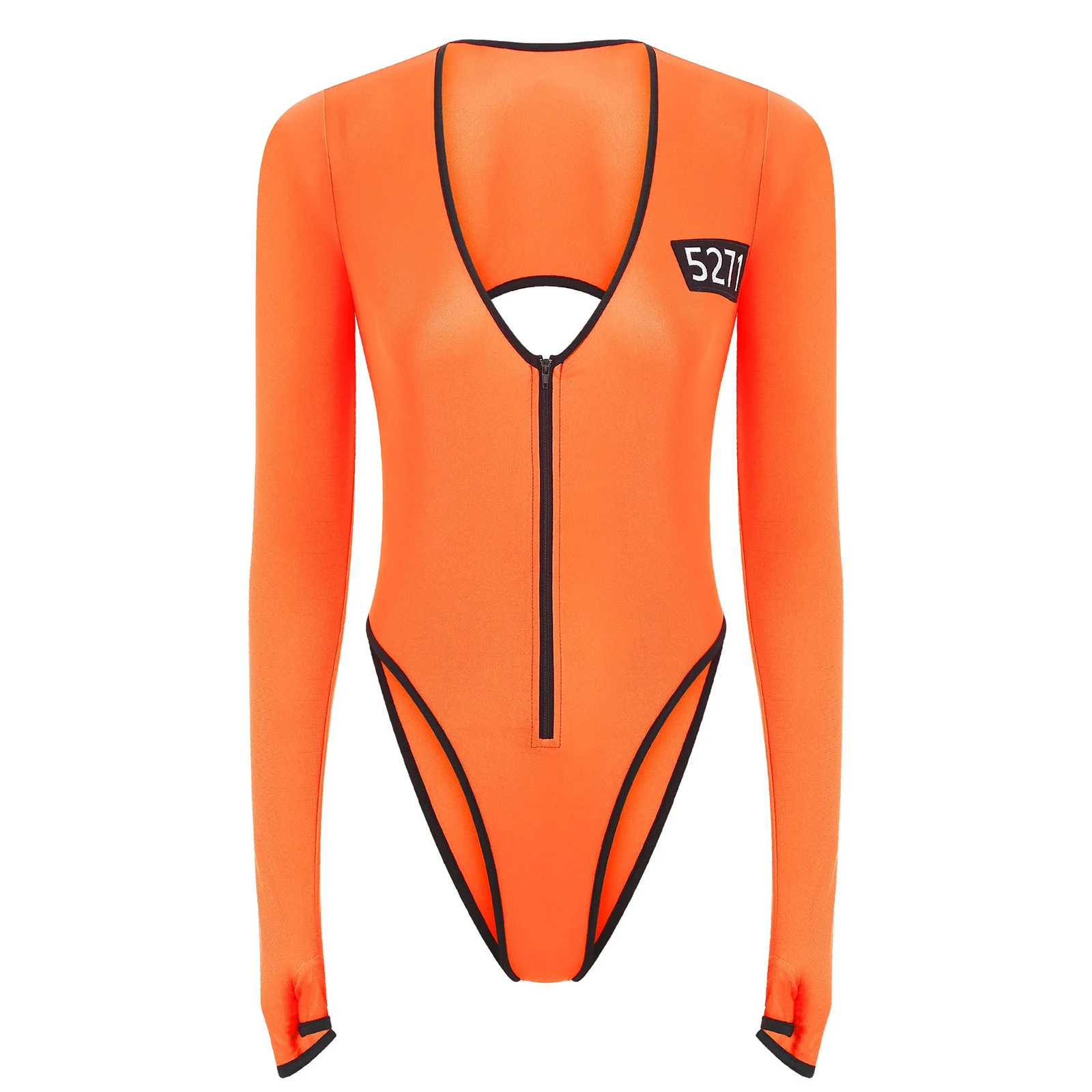 

Women Jail Cosplay Costume Deep V-Neck Long Sleeve Zipper Back Cut Jumpsuit Bodysuit for Fancy Dress Themed Party Halloween