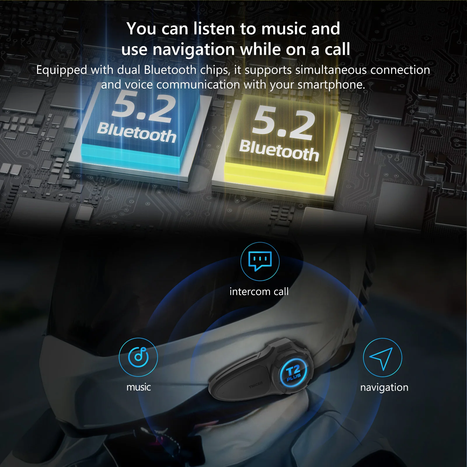 TNICER T2PLUS Bluetooth 5.2 Motorcycle Helmet Headset