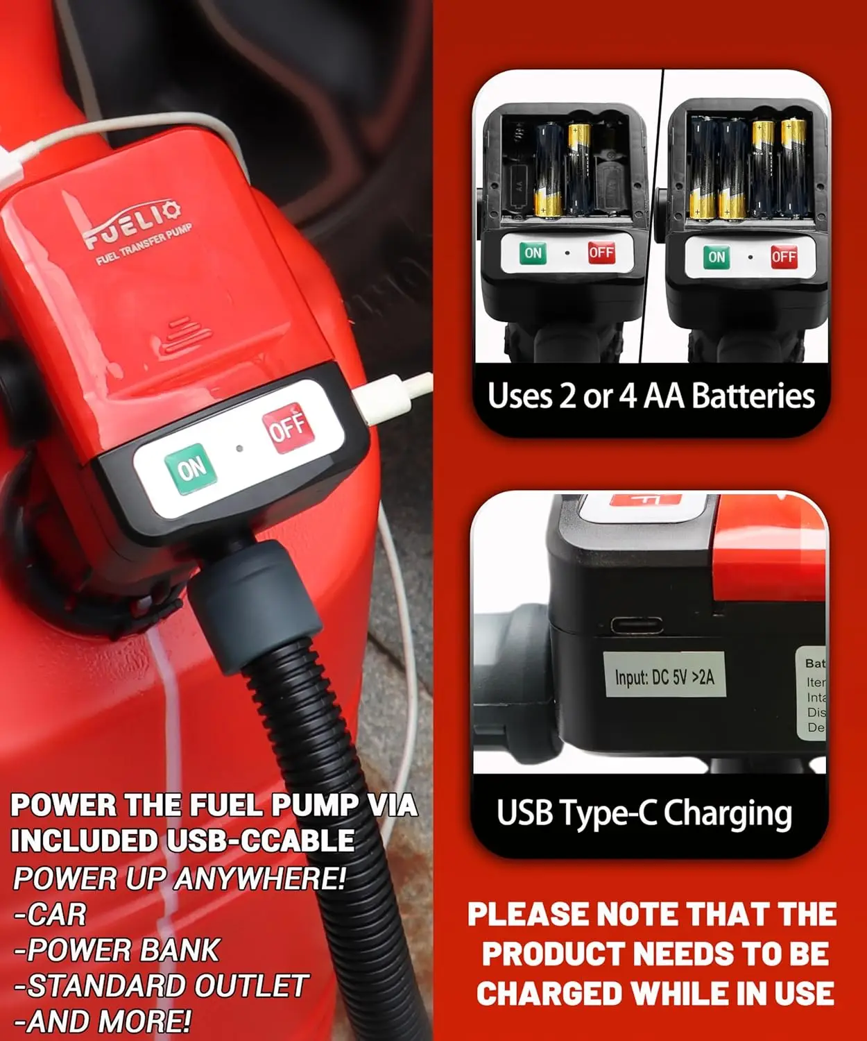 AA Battery/USB Powered Fuel Transfer Pump with Auto Shut Off, 3.2 GPM Flow, 4 Adapters for Gasoline, Diesel, Kerosene