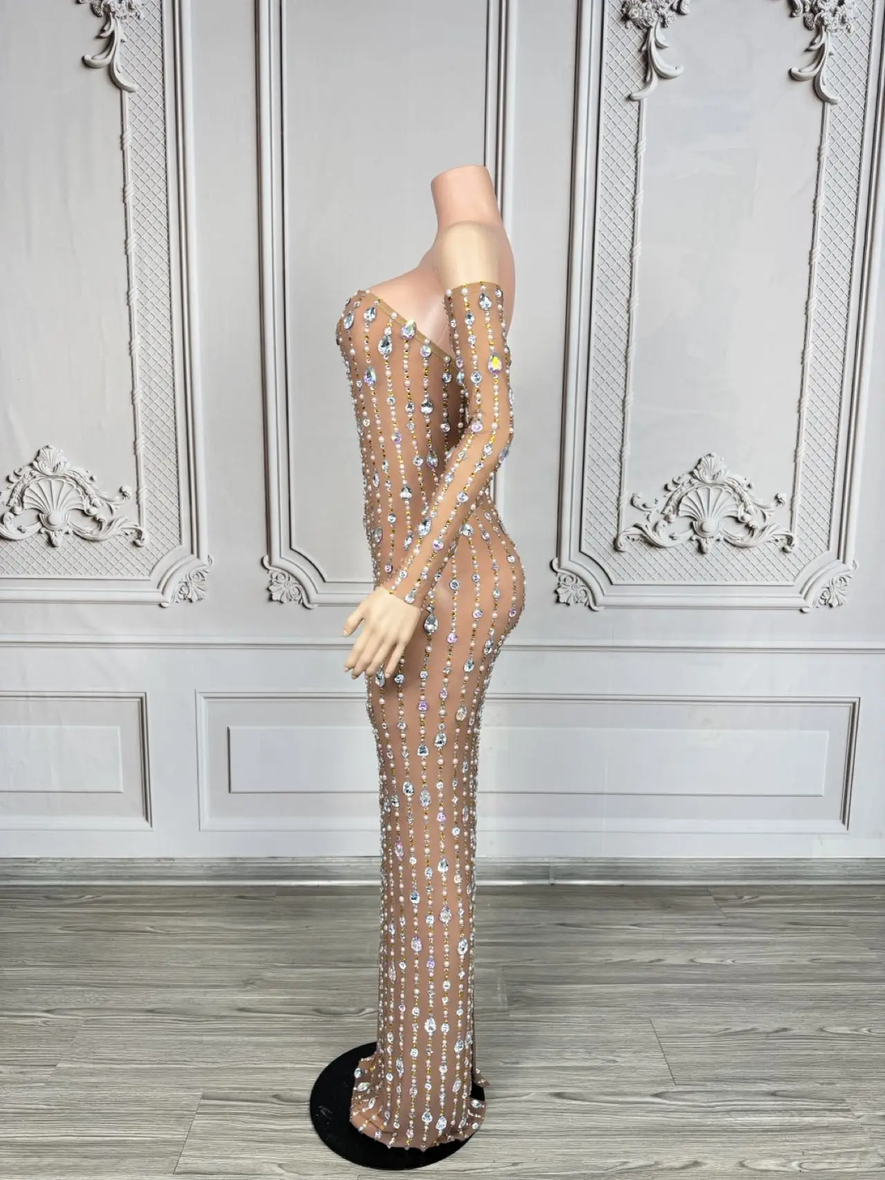 High-end-Luxus Kristalle Bodycon Liebsten Lange Kleider Handschuhe Frauen Sexy Durchsichtig Mesh Feiern Prom Abendkleid Yuzhou
