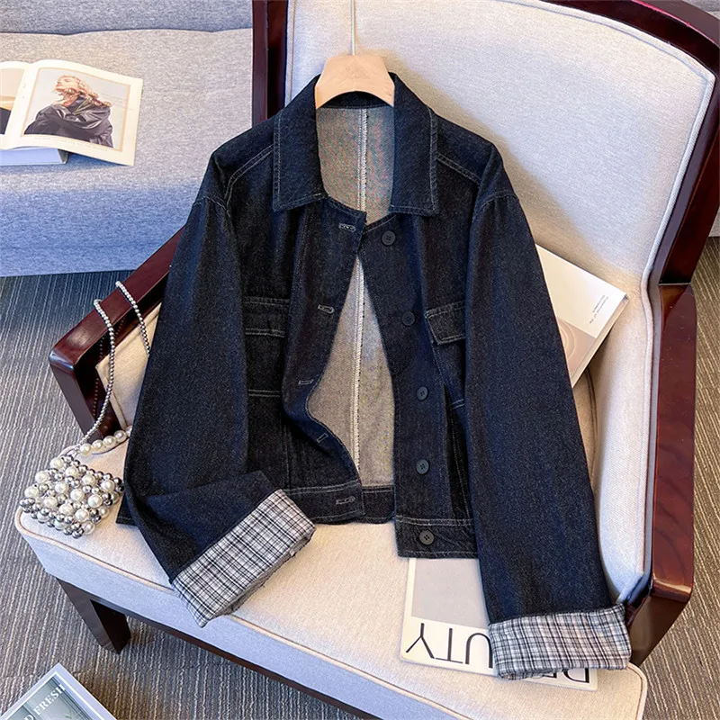 

Корейская винтажная темно-синяя короткая джинсовая куртка женская повседневная свободная однобортная однобортная осенняя женская джинсовая куртка с лацканами и длинными рукавами пальто