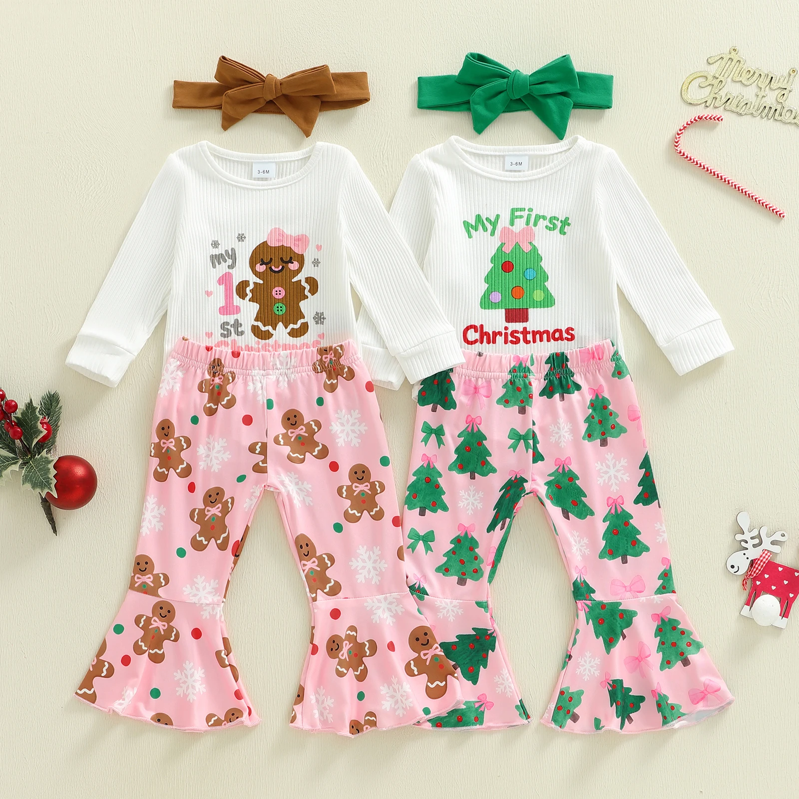 Tregren Infant Baby Girl First Christmas Outfits Long Sleeve Romper with Tree Pattern Flare Pants and Bow Headband 3 Pcs Set