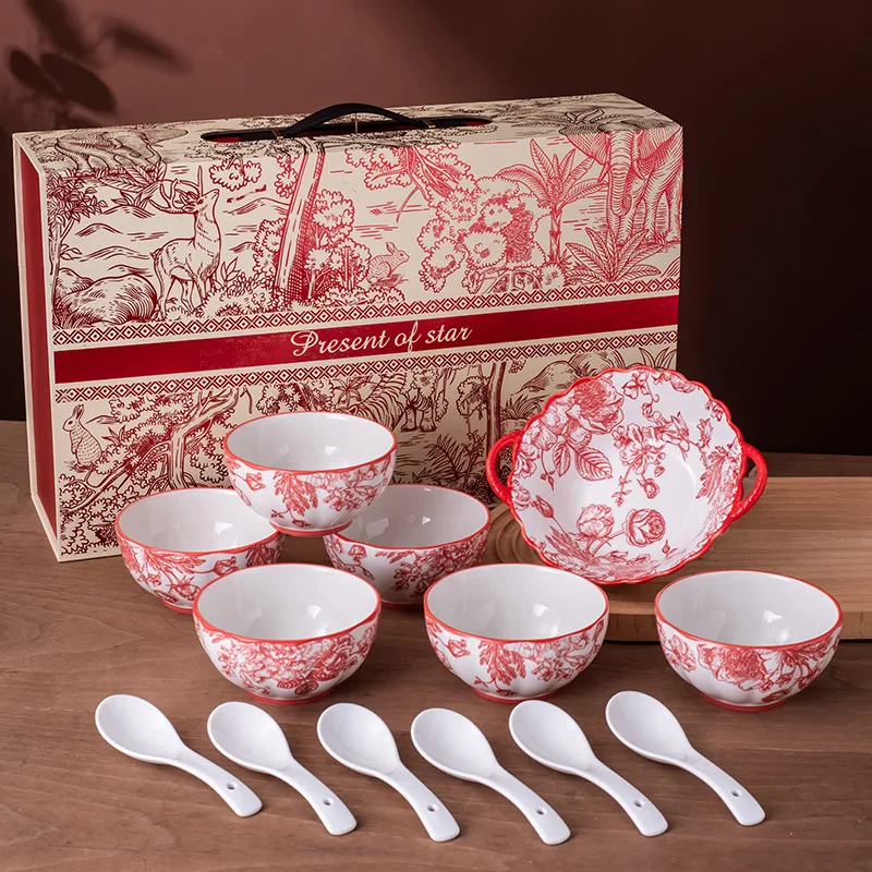 

Golden Edge Gift Box Gift Bowl Ceramic Tableware Suit Opening Event Gift Ceramic Bowl Dish & Plate Suit Bowl Set Wholesale