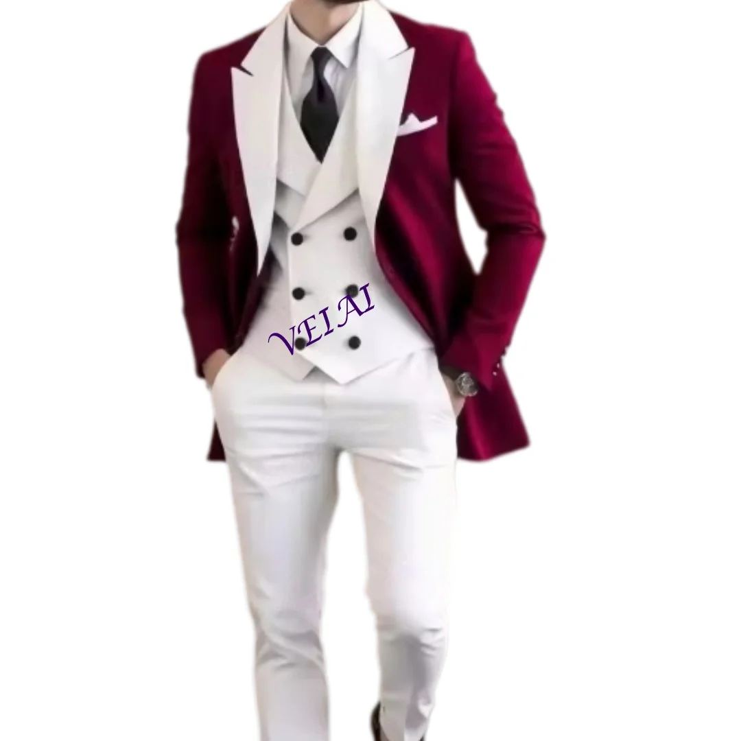 Burgundy & White 3 Piece Men's Tuxedo Set Customizable Formal Suit Blazer Vest Pan for Groom Groomsman Wedding Party Prom