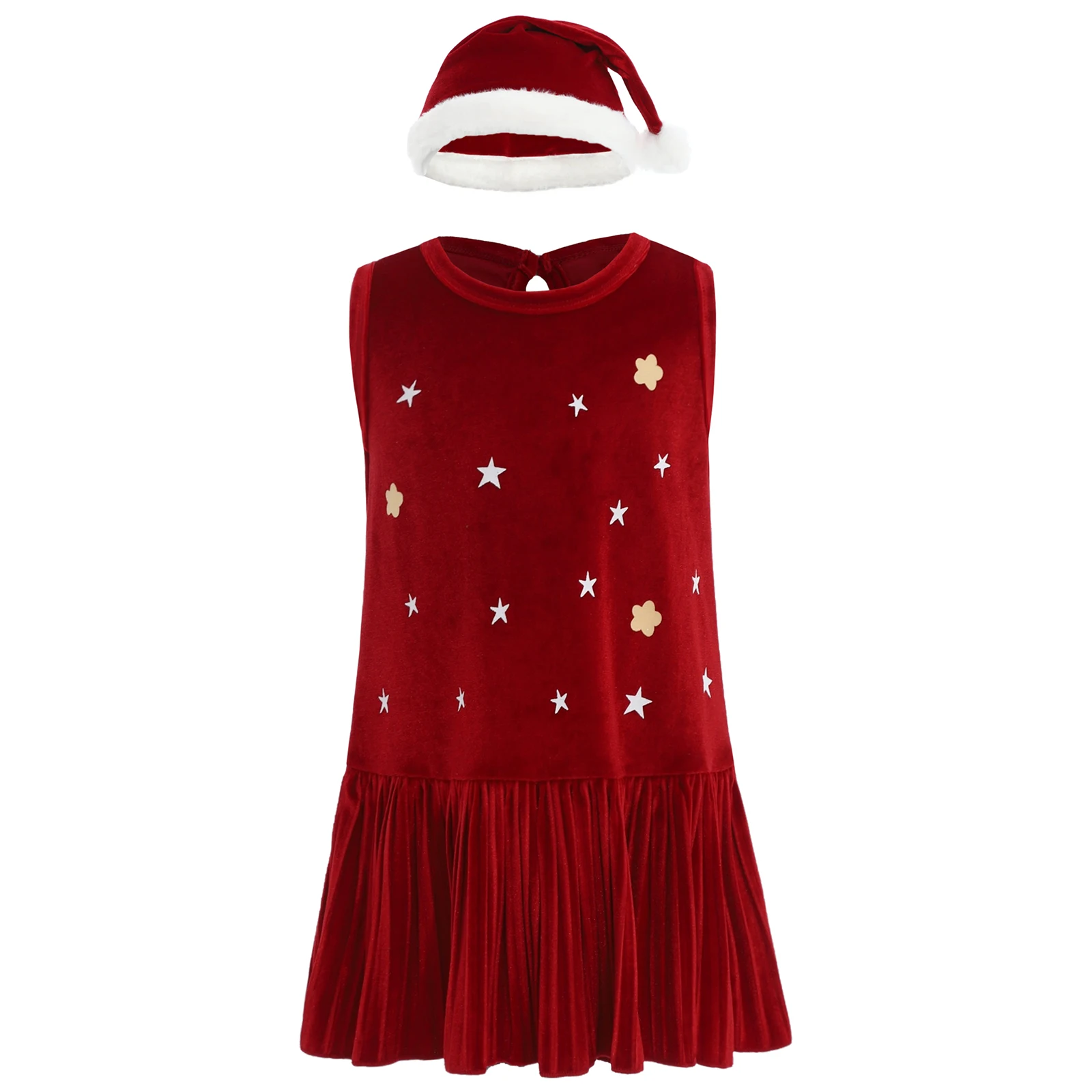 

Рождественское бархатное платье для девочек, плиссированное платье принцессы без рукавов со звездным цветочным принтом и шляпой Санта-Клауса, новогодняя праздничная одежда
