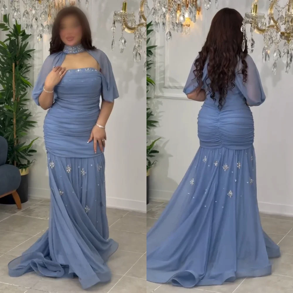 تخصيص الشيفون حجر الراين الطية عالية الياقة البوق فساتين طويلة مخصصة مناسبة حفلة موسيقية أنيقة حفل زفاف