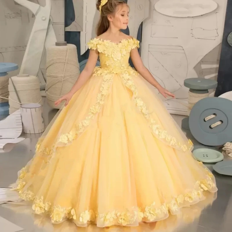 Elegant Yellow Flower Girl Dresses Tulle Beading Appliqued Pageant Birthday For Girls First Communion Dresses Kids Prom Dresses