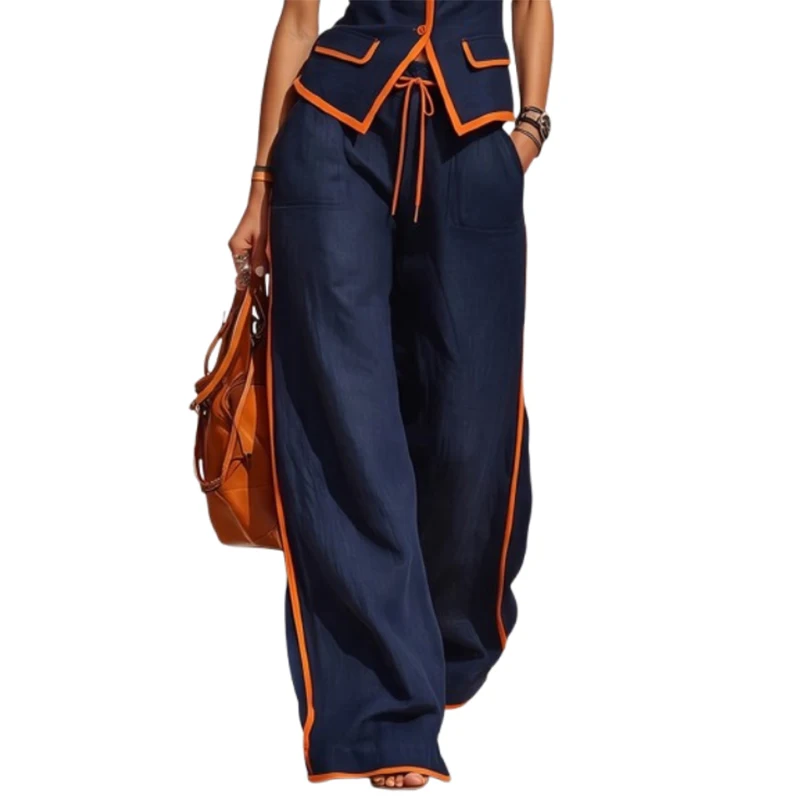 Yeezzi Women Contrast Color Wide Leg Matching Pants Drawstring Elastic High Waist Pockets Casual Office Loose Trousers Bottoms view 6