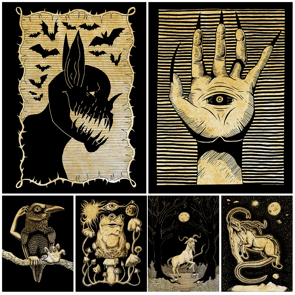 

Witch Sabbath And Bloodlust Devil Vintage Wall Art Canvas Painting Gargoyle Witch Hand Art Poster And Print Home Decor Unframed