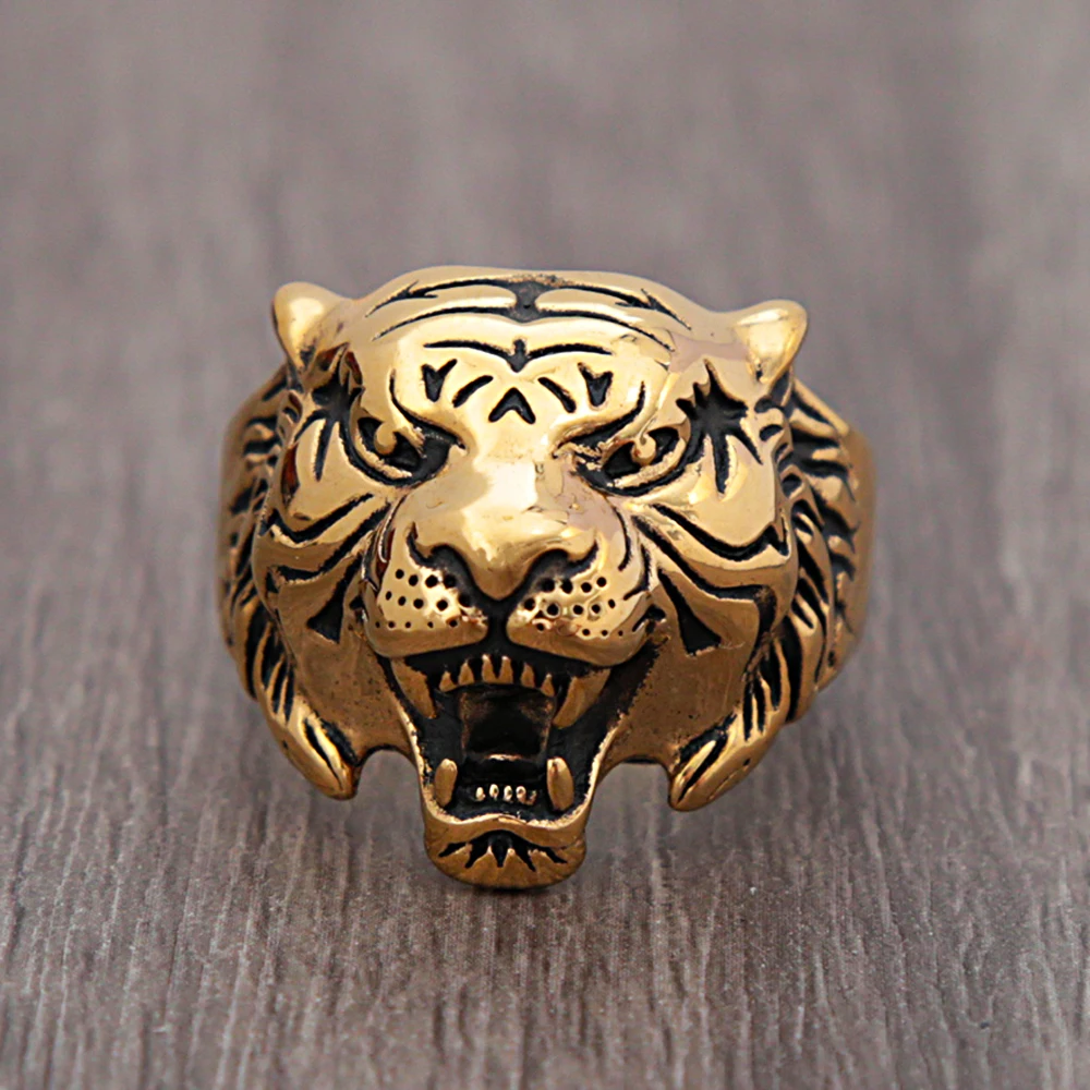 Punk Hip Hop Vintage Stainless Steel Tiger Head Ring Men Boy Gold/Steel Color Tiger Animal Ring Biker Fashion Party Jewelry Gift