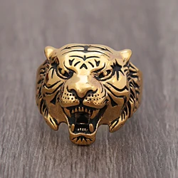 Punk Hip Hop Vintage Stainless Steel Tiger Head Ring Men Boy Gold/Steel Color Tiger Animal Ring Biker Fashion Party Jewelry Gift