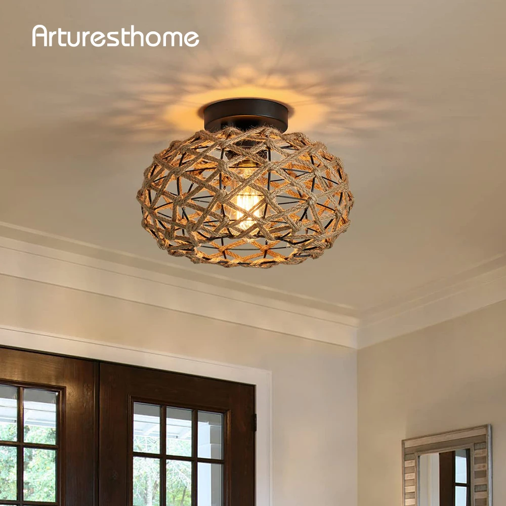 

ARTURESTHOME Boho Semi Flush Mount Ceiling Light Woven Hemp Rope Cage Rattan Wicker Retro Rustic Light Fixture for Bedroom