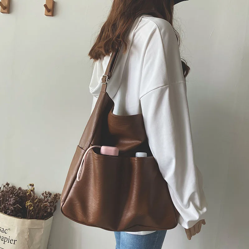 External Pocket Artificial Leather High Capacity Handbag Messenger Shoulder Purse Crossbody Bag