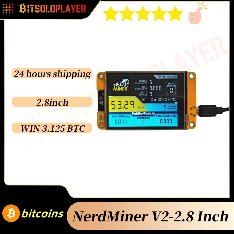 Bitcoin Nerd Miner V2.0 2.8 Inch  ESP32 Smart Touch Display BTC Solo Miner 56K/S Win Jackpot 3.125 Bitcoin Lotto Mining Machine