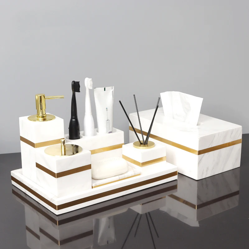 Volakos White Natural Marble Bathroom Accessories Golden Luxury Soap Dispenser Soap Dish Tray Tissue Box Bathroom Set